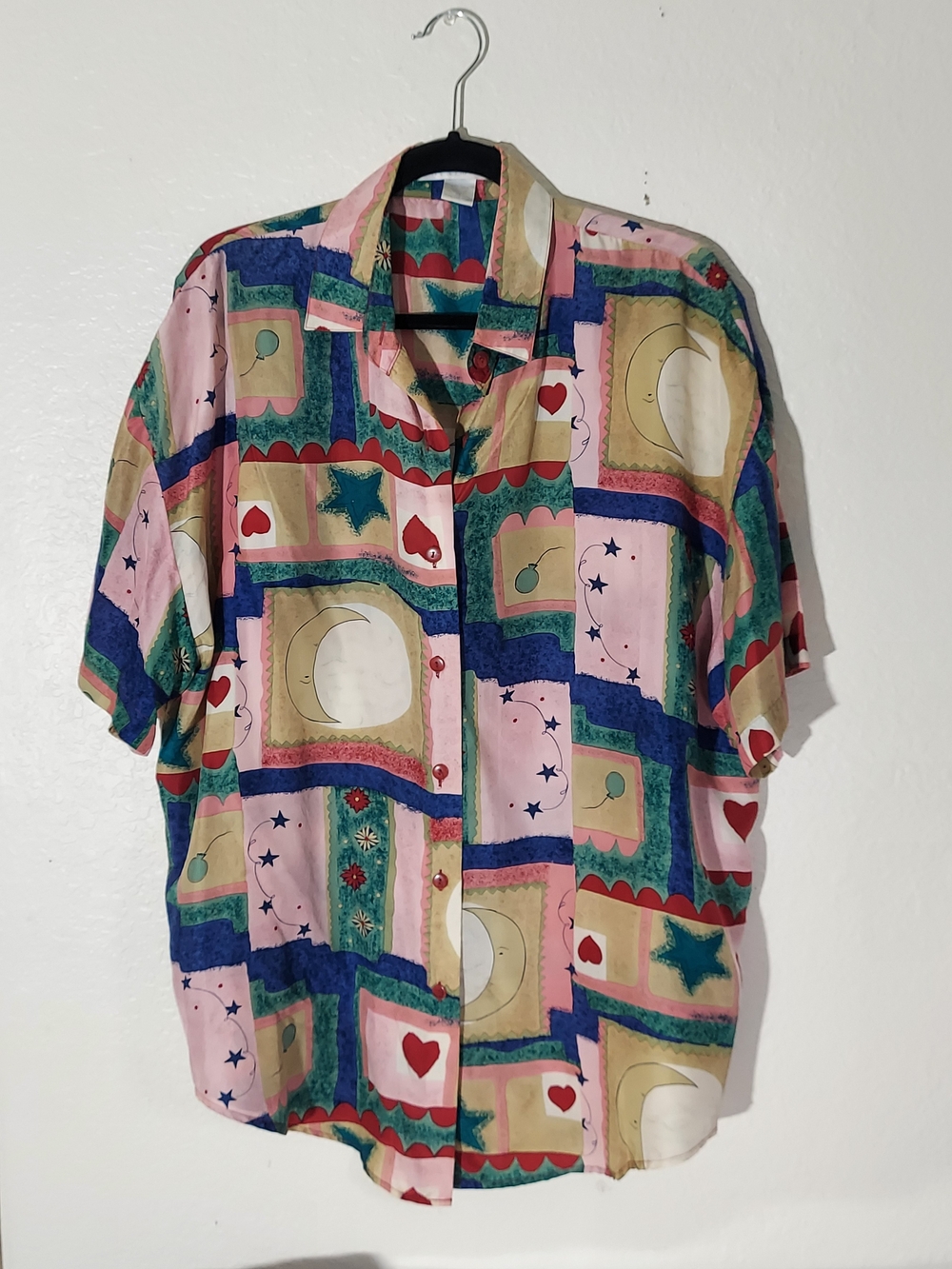 The Limited Vtg Silk Multicolor Celestial Heart Print Button Up Shirt WM Size M